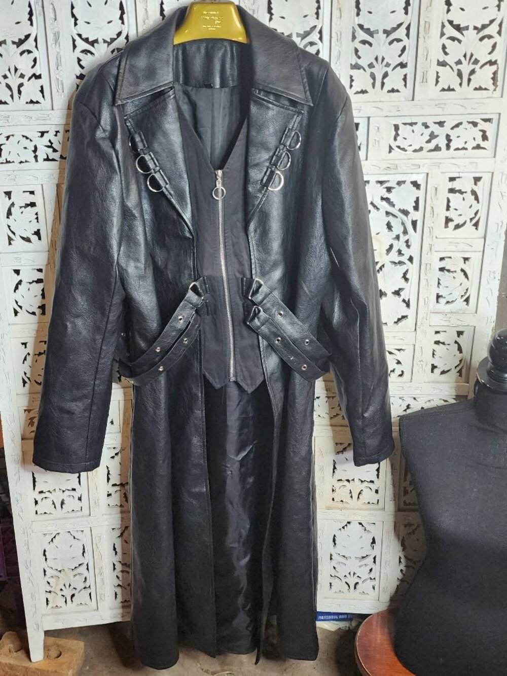 ZNZHKR Faux Leather Poly Lined Adj Lapel and Zipper Long Motorcycle Trench 2XL